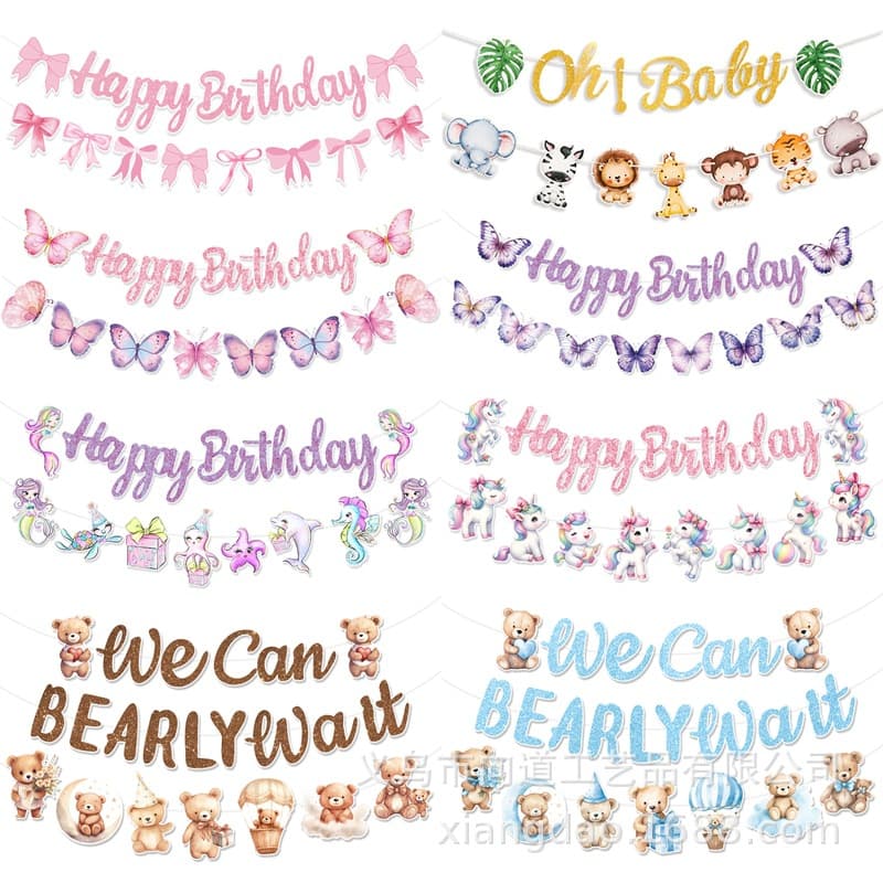 Butterfly Bear Theme Cartoon Banner for Kids Birthday Party Decoration Unicorn Mermaid Jungle Animal Banner