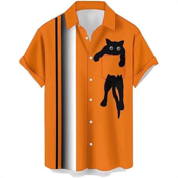 Cross-border Supply Cat Print Men's Short Sleeve Shirt, European and American Casual Temu Amazon TikTok Bestseller Shirt