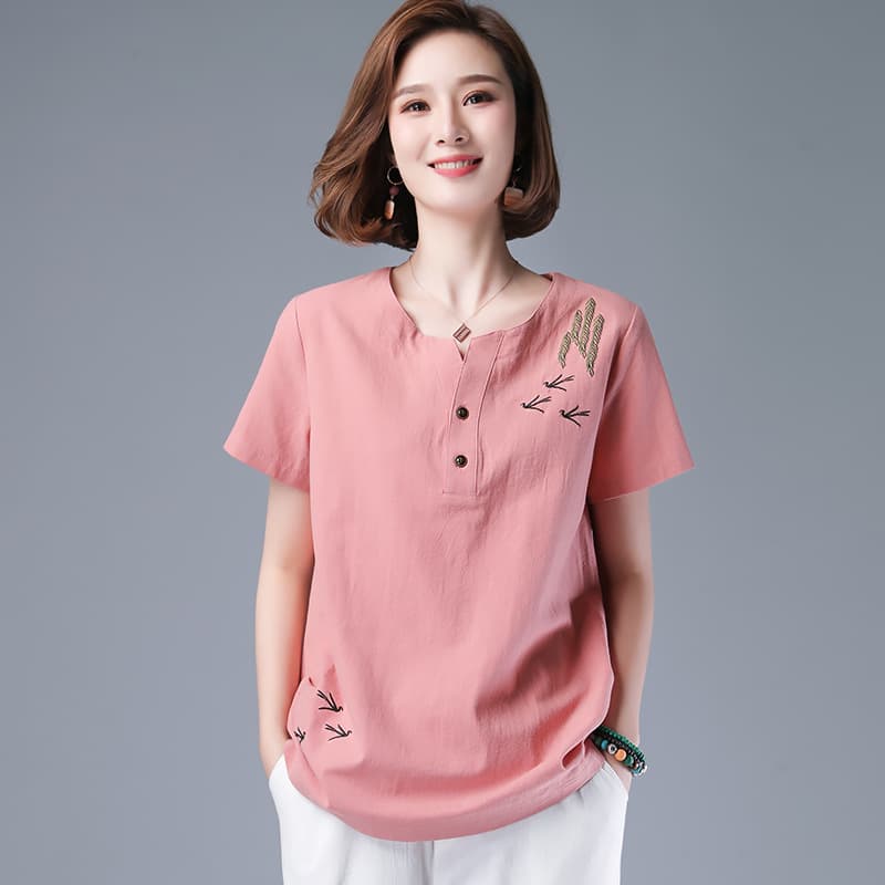 Cotton and Linen T-Shirt for Women, Summer Young Mother Short-Sleeved Shirt, Plus Size High-End T-Shirt, Middle-Aged Women's Ethnic Style Clothing