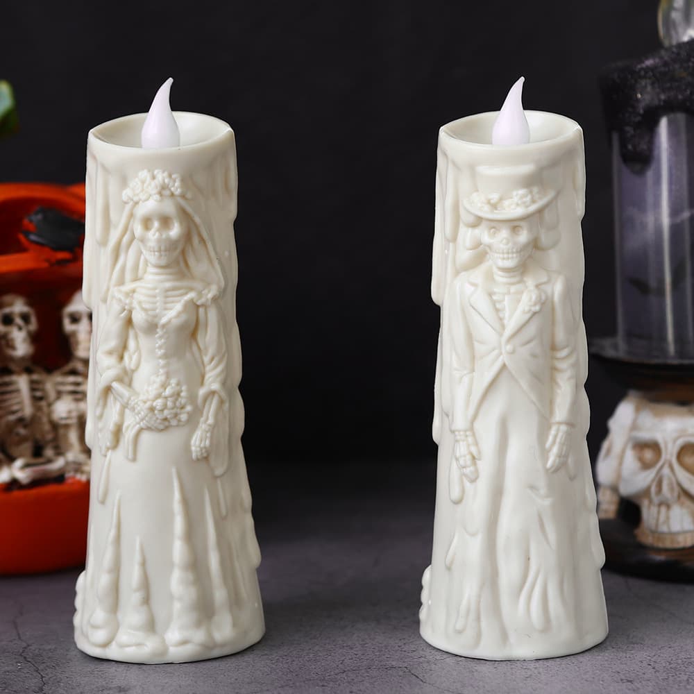 Halloween Decoration Ghost Groom and Bride Couple Lamp, Horror Setup Props, Skeleton Table Decoration LED Lighted Candle Lamp