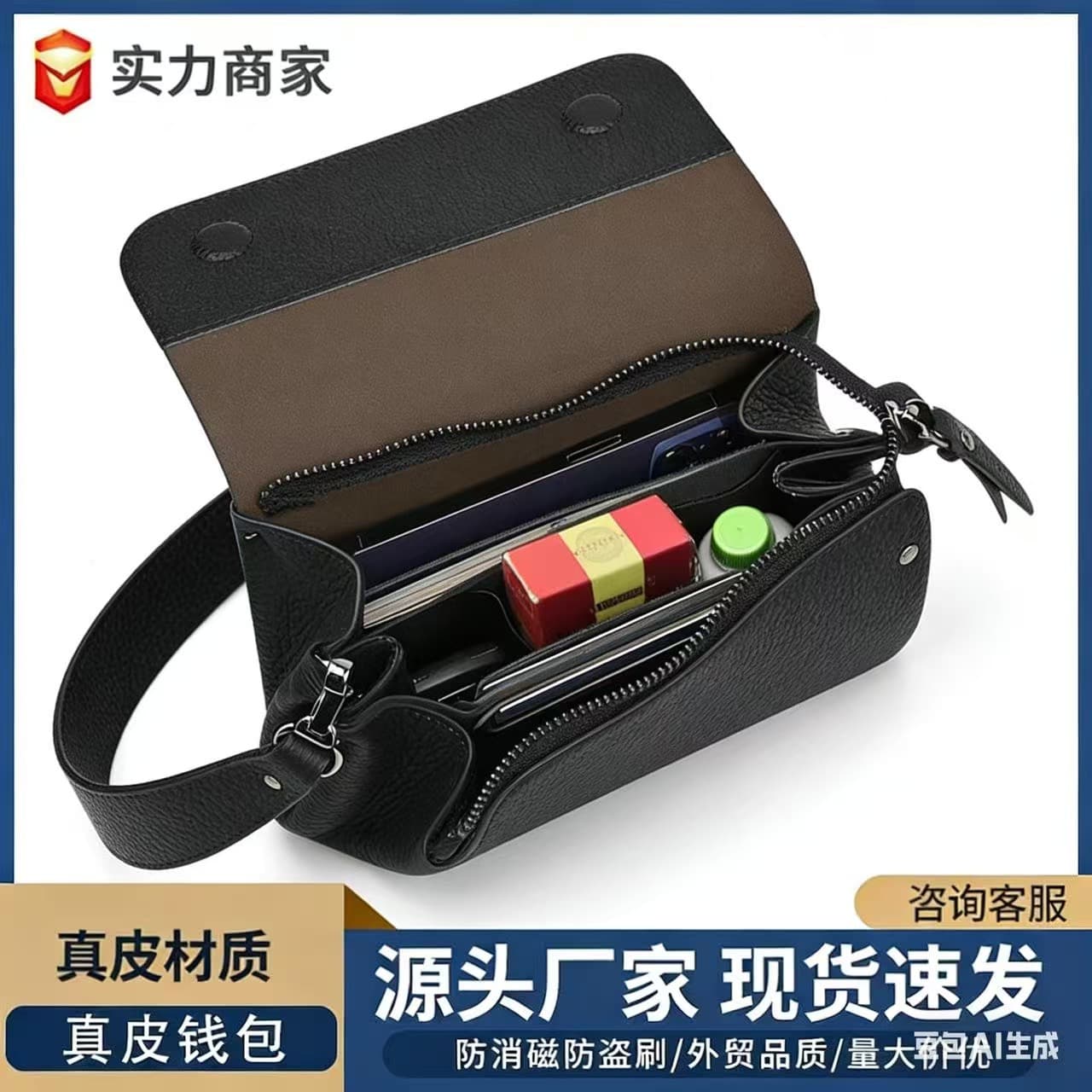 Casual Zipper Wallet Top Layer Cowhide Handheld Bag Unisex Multi-functional Handbag Leisure Travel Geometric Pattern Velvet Lining