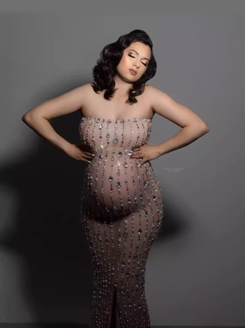 Luxurious Sparkling Rhinestone Strapless Maternity Dress Long Gown Rhinestone European American Export Maternity Photography Stretch