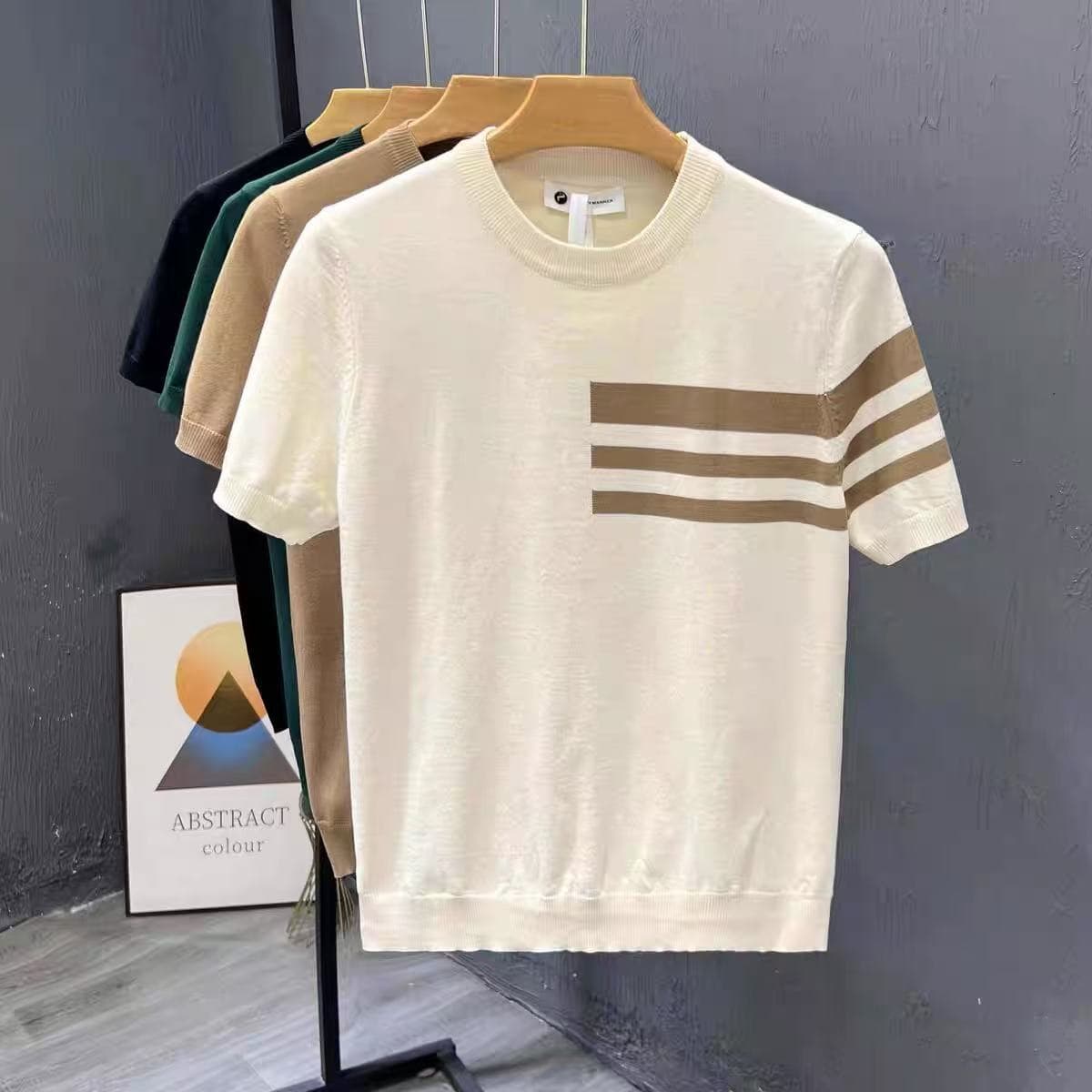 Trendy Striped Contrast Color Men's Casual Short Sleeve T-Shirt Summer Fashion Thin Knit Base Layer 2025 New