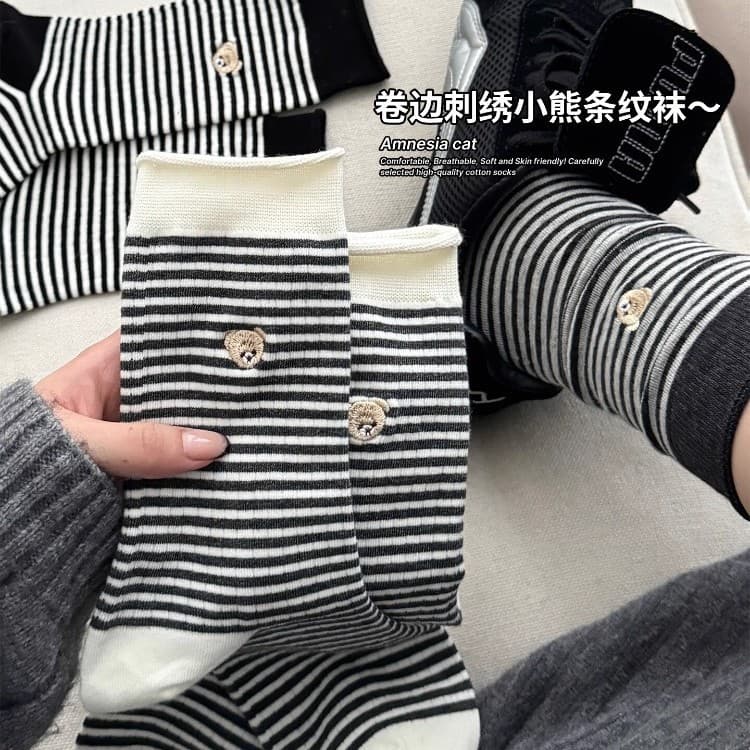 Striped Women's Cotton Rolled-Edge Mid-Calf Socks Summer Ins Trendy Cute Embroidered Bear Gray Mid-Calf Stacking Socks