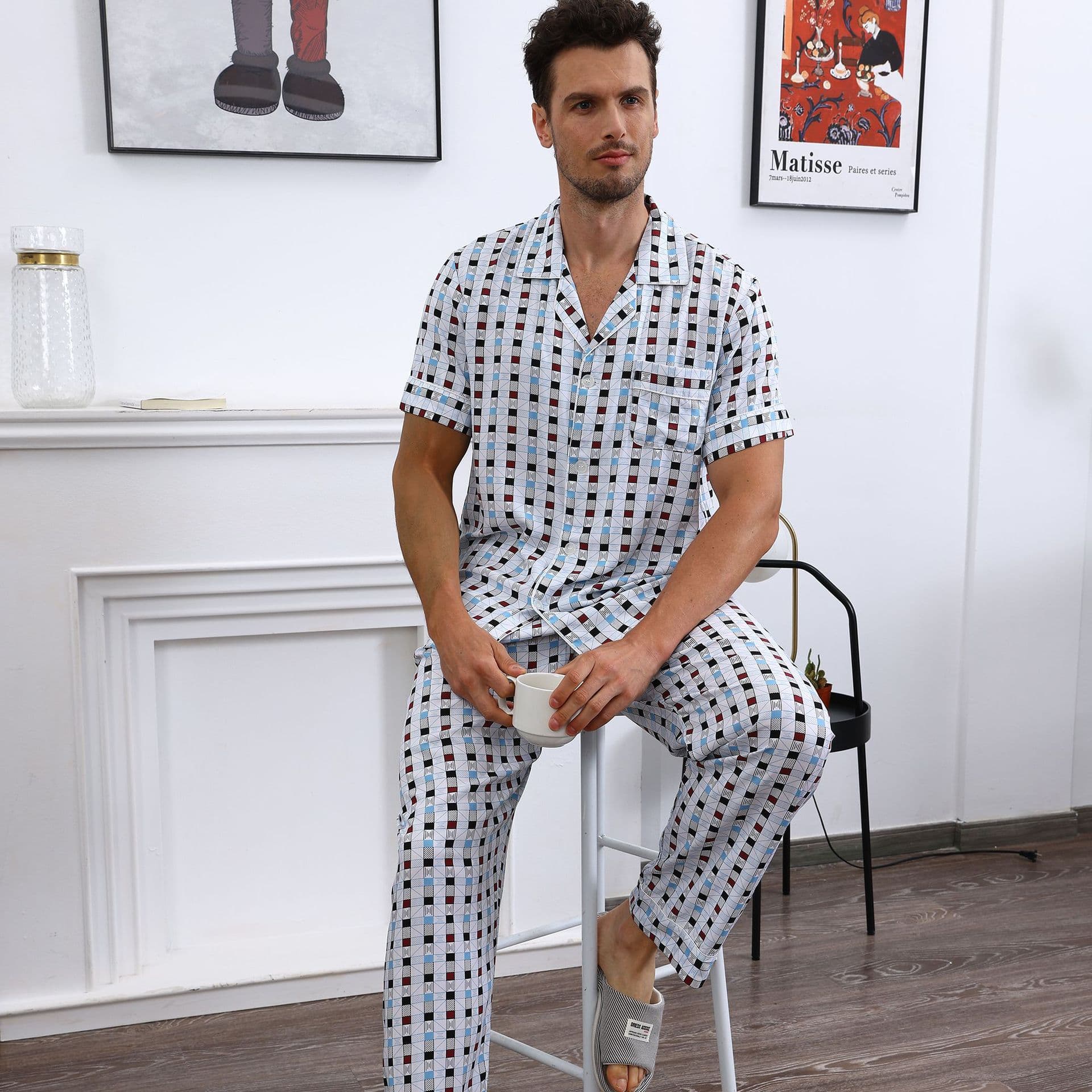 Summer Short-Sleeve Thin Men's Pajama Set with Long Pants and Cardigan, Middle-Aged Men's Homewear, New Summer Cotton Silk Long Style