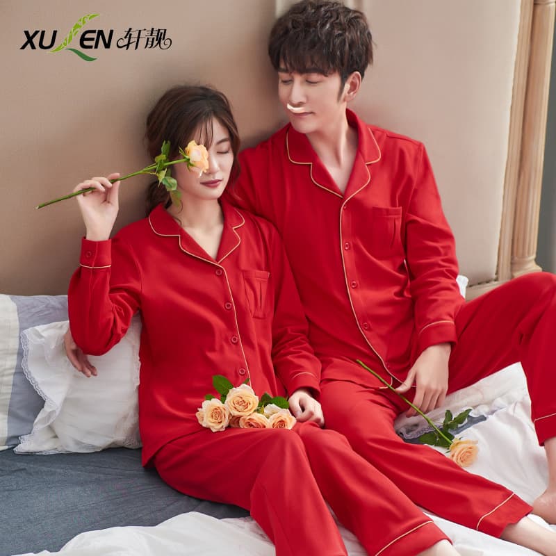 Spring and Autumn Couple Pajamas, 100% Pure Cotton, Men and Women, Brides, Weddings, Bright Red Loungewear, Long-Sleeve Set, Zodiac Year