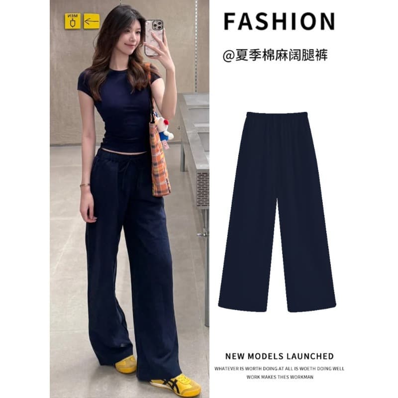 Navy blue linen wide-leg pants for women summer thin high-waist slim loose drape casual straight cotton and linen casual pants