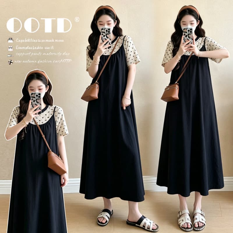 Maternity suit summer new product color-blocked short-sleeved T-shirt top + Korean style age-reducing and versatile maternity suspender skirt two-piece set