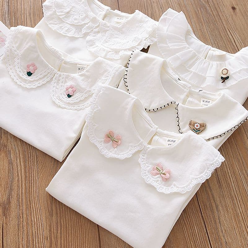 Girls Lace Peter Pan Collar Base Layer Shirt Spring Autumn Kids Baby White Pullover Long Sleeve T-Shirt Infant Blouse Top