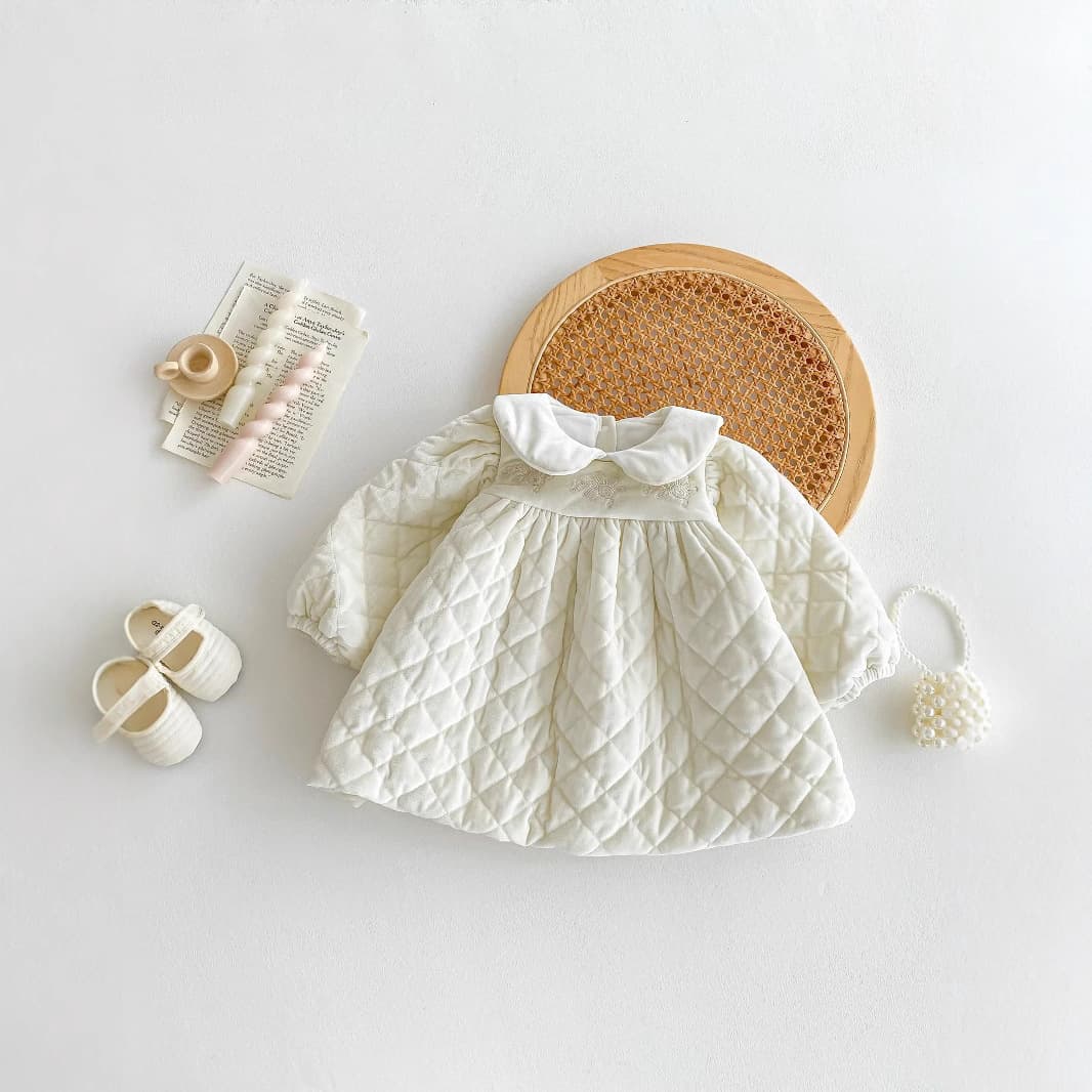 Baby Winter Dress, Girls Fleece-Lined Thickened Skirt, Children's Sweet Cute Doll Lapel Quilted Dress