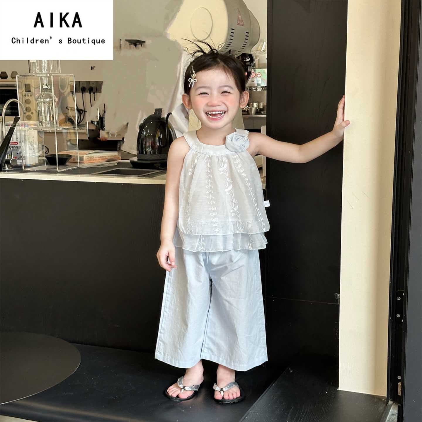 Girls Suit Summer Thin 2026 New Baby Embroidered Mesh Sleeveless Top Wide Leg Pants Children's Summer Clothes