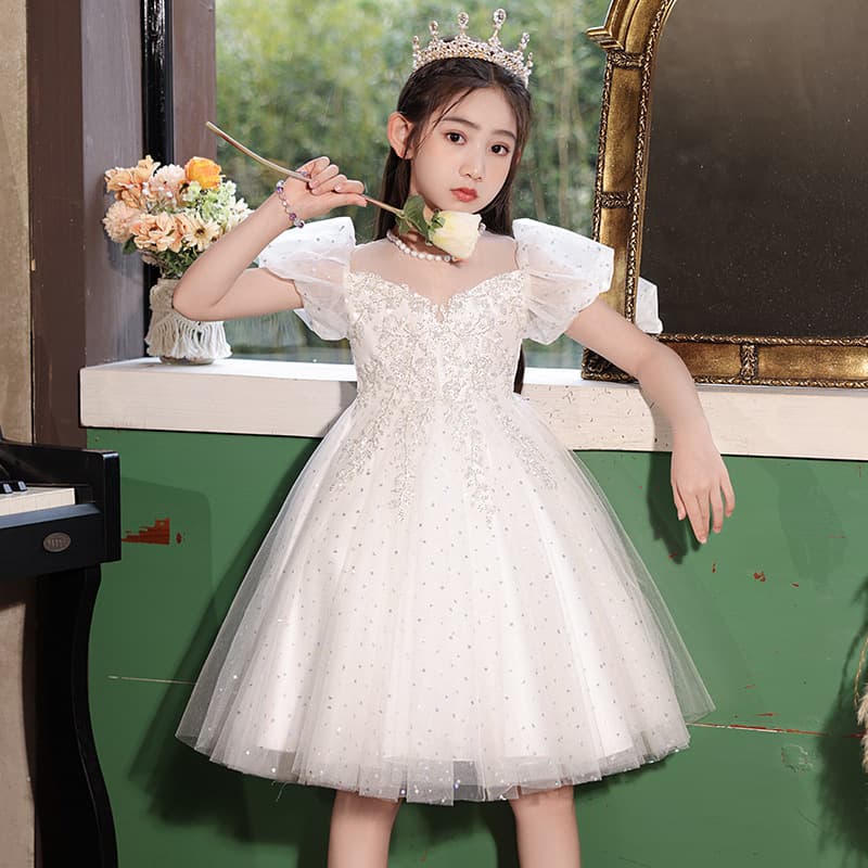 Children's Princess Dress, White Flower Girl Wedding Gown, High-End Girls' Piano Performance Hostess Outfit
