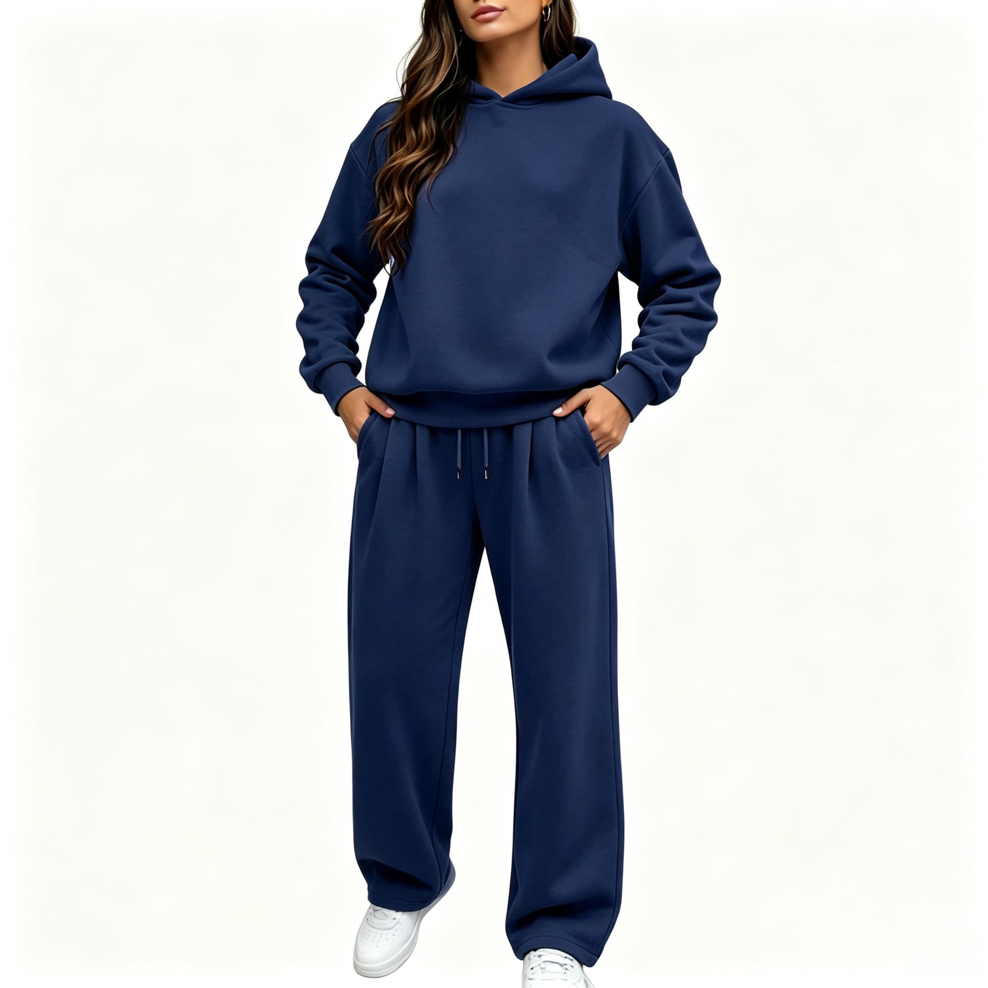Cross-border New Hoodie Set without Pockets, Loose Fit for Fall/Winter, No Drawstring Hoodie with Straight-leg Sweatpants, Two-piece Set
