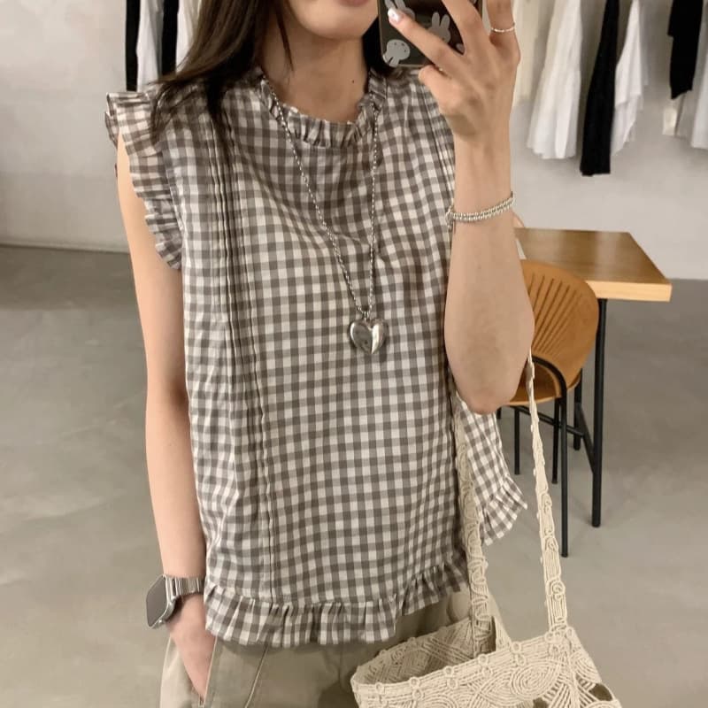 Cross-border xhj9950 Korean style fungus-edged plaid sleeveless shirt for women 2026 summer casual age-reducing vest top
