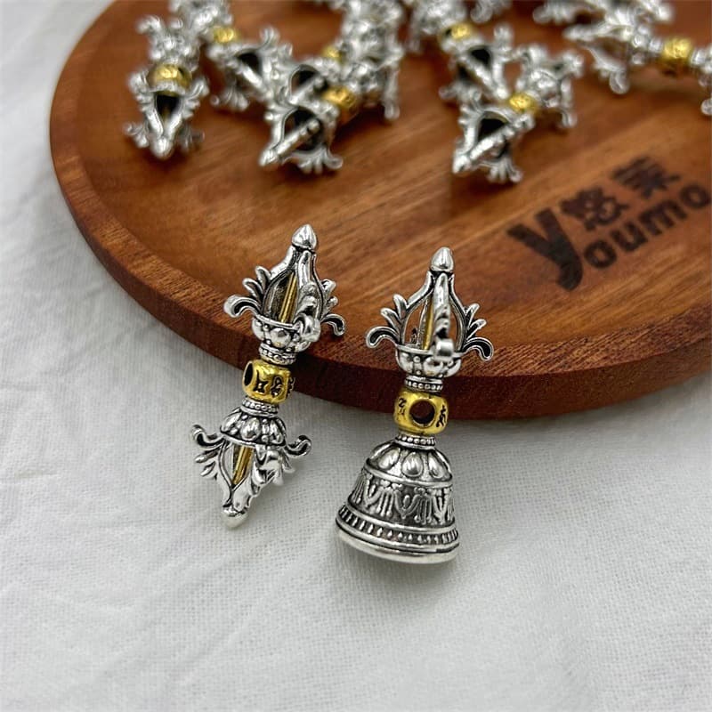 Two-Tone Six-Syllable Mantra Vajra Bell and Dorje, Alloy Antique Silver Plated Bodhi Bead Bracelet, Great Ming Mantra DIY Pendant Accessories