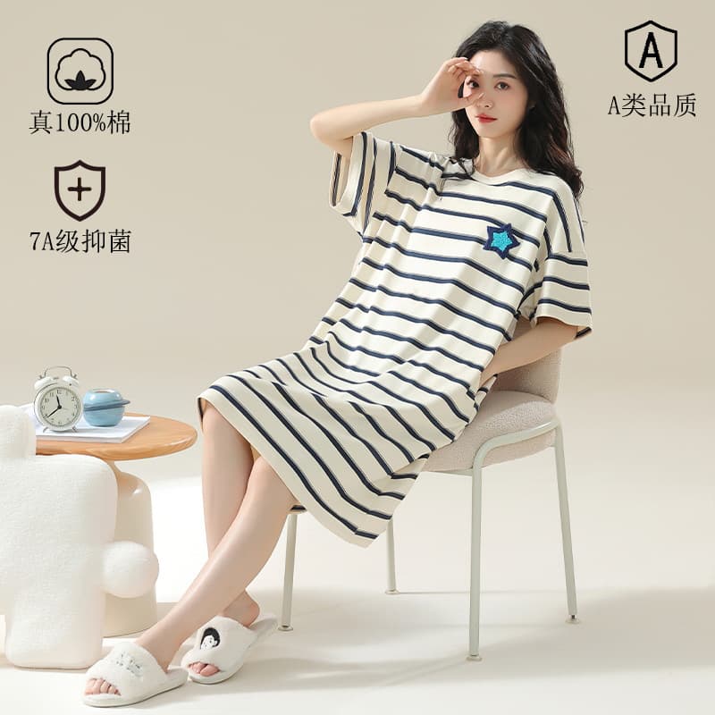 Class A antibacterial cotton nightgown women's Korean style pajamas summer short-sleeved plus size loose thin striped dress