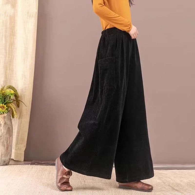 Fleece-Lined Thick Corduroy Wide-Leg Pants for Women, Winter Artistic Retro Commute Casual Plus Size Corduroy Loose Pants