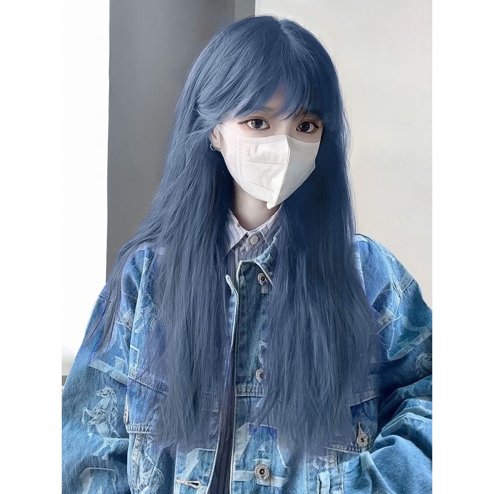 Upgraded Air Bangs Long Straight Black Wig Full Cap Natural Black Realistic Human Hair Wig