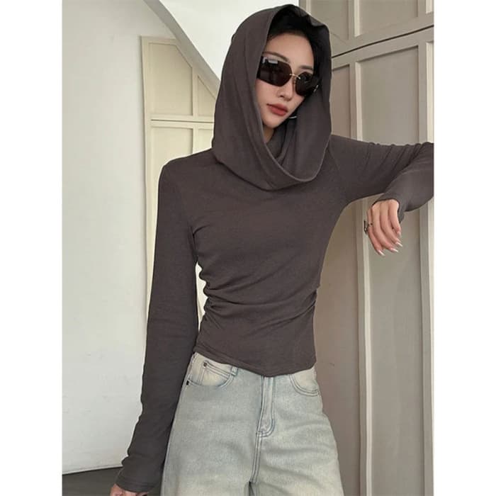 Long-sleeve Sexy Camisole Slim-fit Outerwear Pure Desire Hooded Slimming Base Top Retro American T-shirt for Petite Women