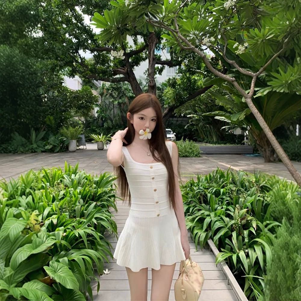 Ice Silk Soft White Square Neck Button Knit Camisole Dress for Women, Slim Fit A-Line Mini Dress