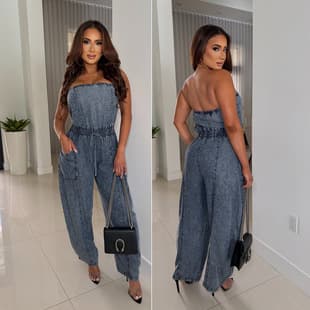 8609 Cross-Border Amazon and AliExpress European and American Women's Strapless One-Shoulder Slim Fit Straight Wide Leg Denim Jumpsuit