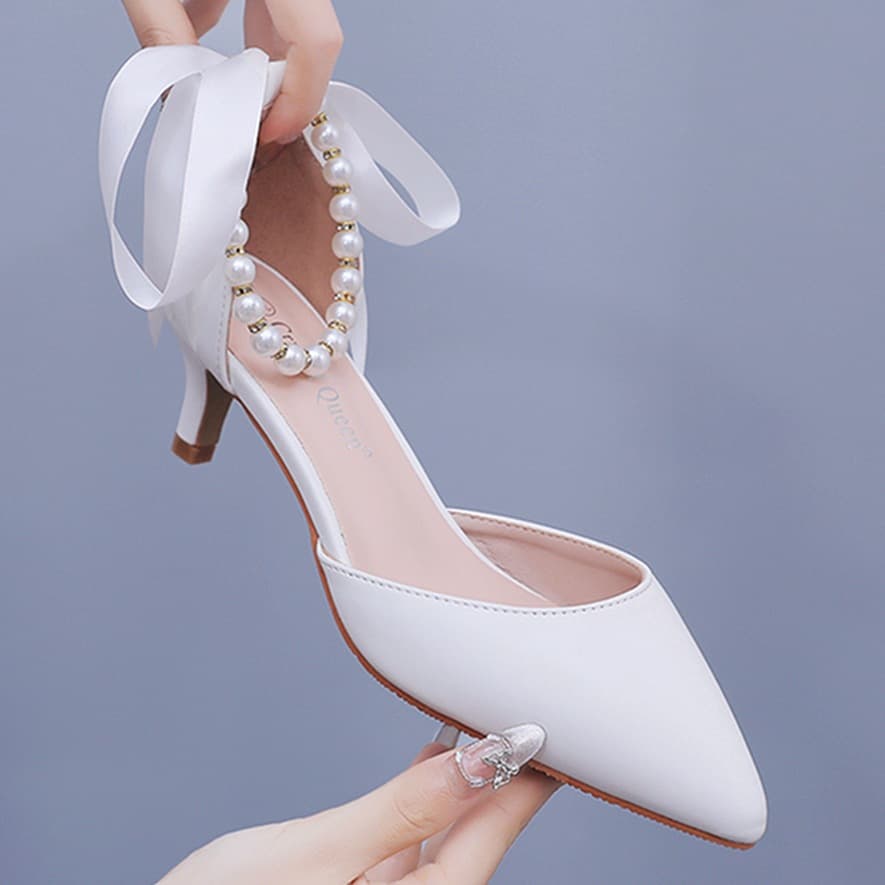 5 cm large size sandals stiletto heel pointed white beaded ribbon wedding wedding dress bridal high heel sandals for women