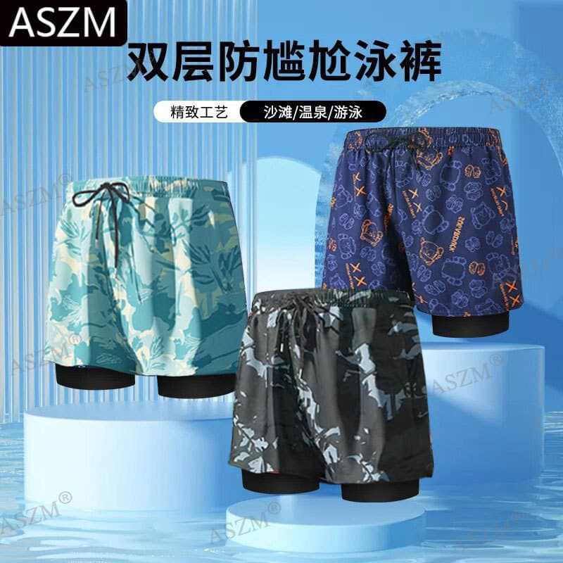 Comfortable double-layered lining, anti-embarrassment men's five-point boxer shorts with drawstring, beach shorts, swimming essentials.