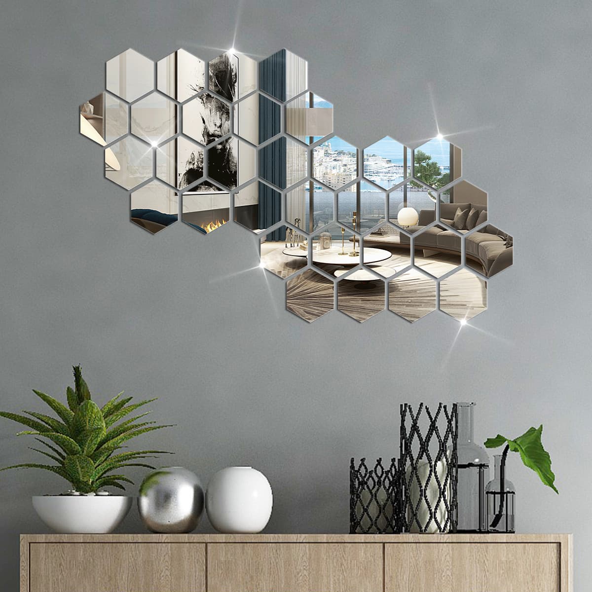 Cross-border hexagonal acrylic mirror wall stickers for living room TV and sofa background wall decorative stickers