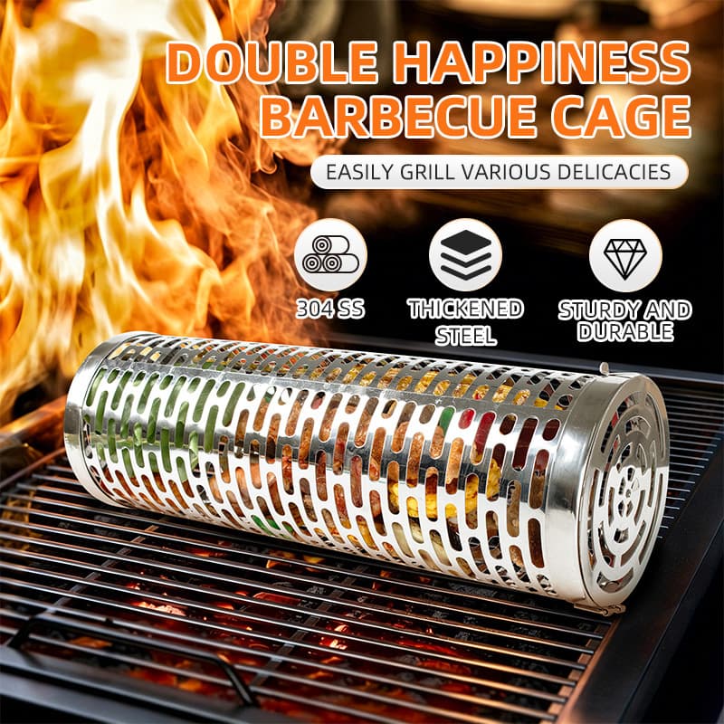 Cross-border 304 Stainless Steel Rolling Grill Basket Flip Lid Perforated Rotating BBQ Cage