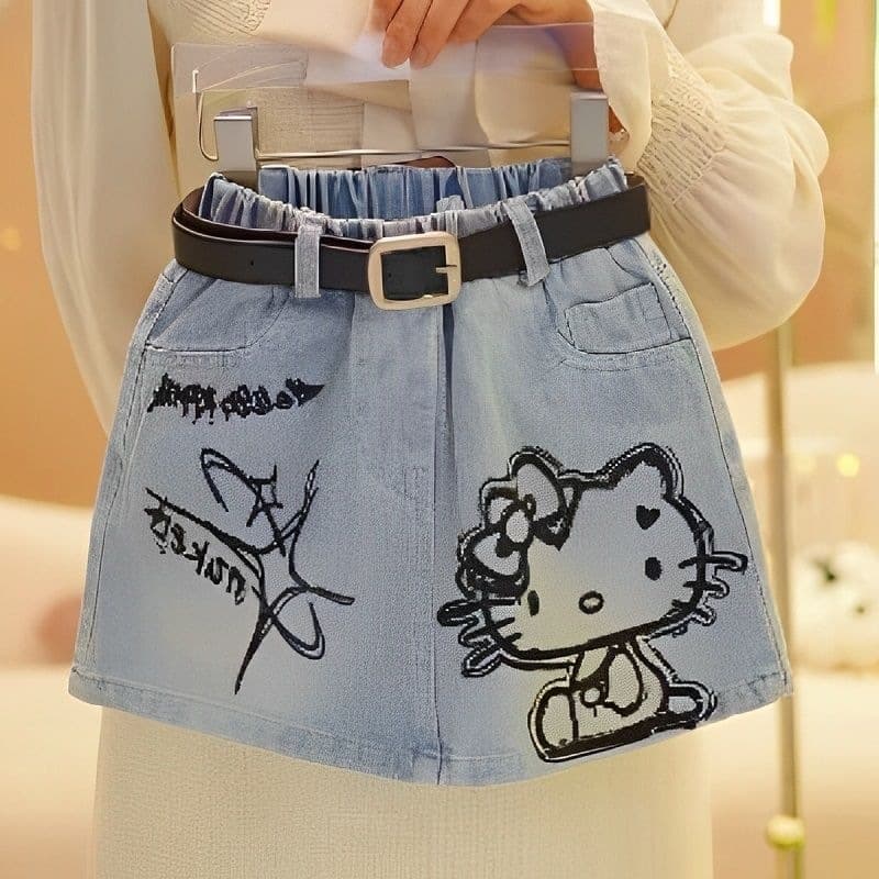 Girls Printed Denim Skirt 2026 New Fashion Cat Korean Style for Older Kids Trendy Denim Skirt
