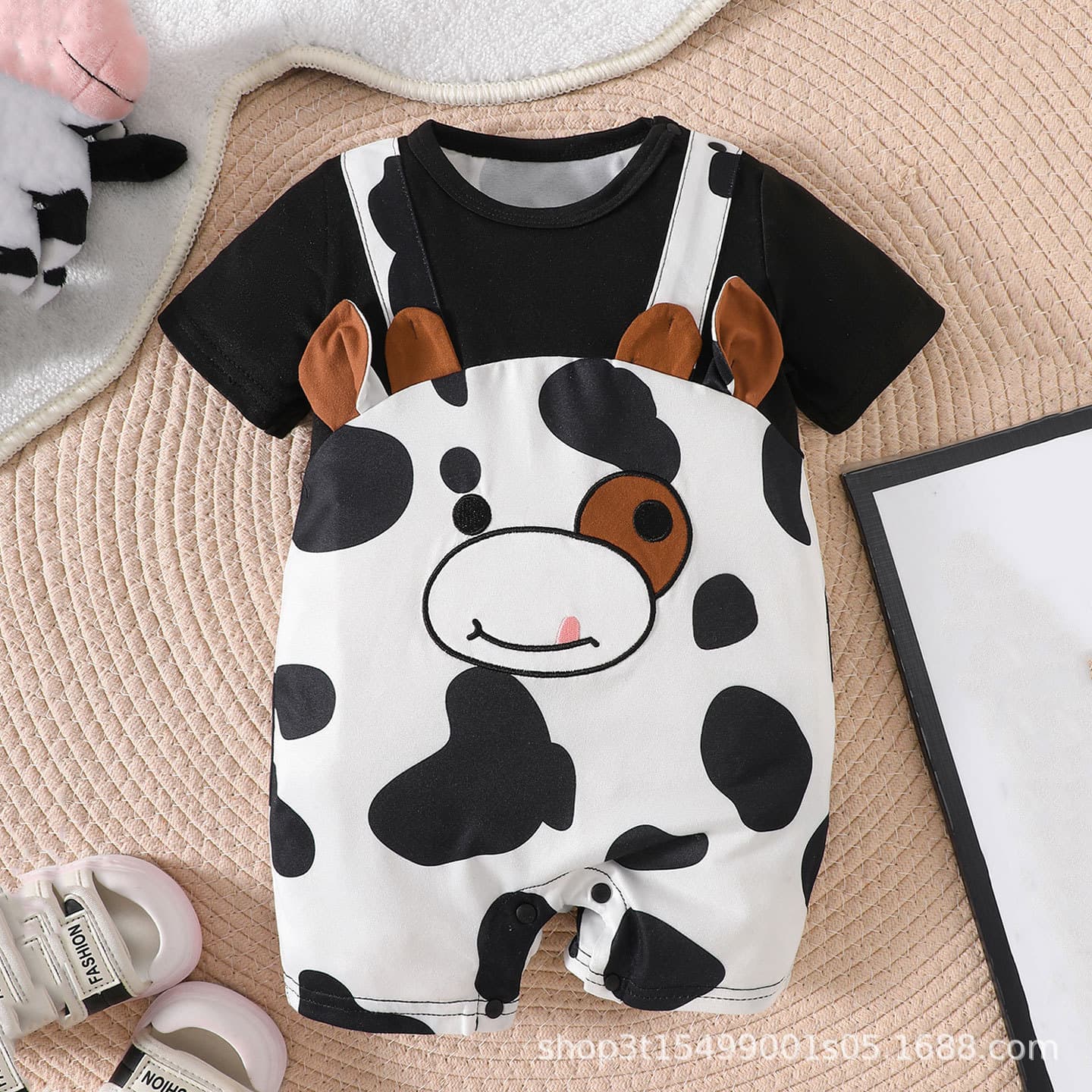 Hot Selling Black and White Cow Print Baby Bodysuit Boys and Girls 3D Ears Short Sleeve Romper Cross-Border Children's Clothing