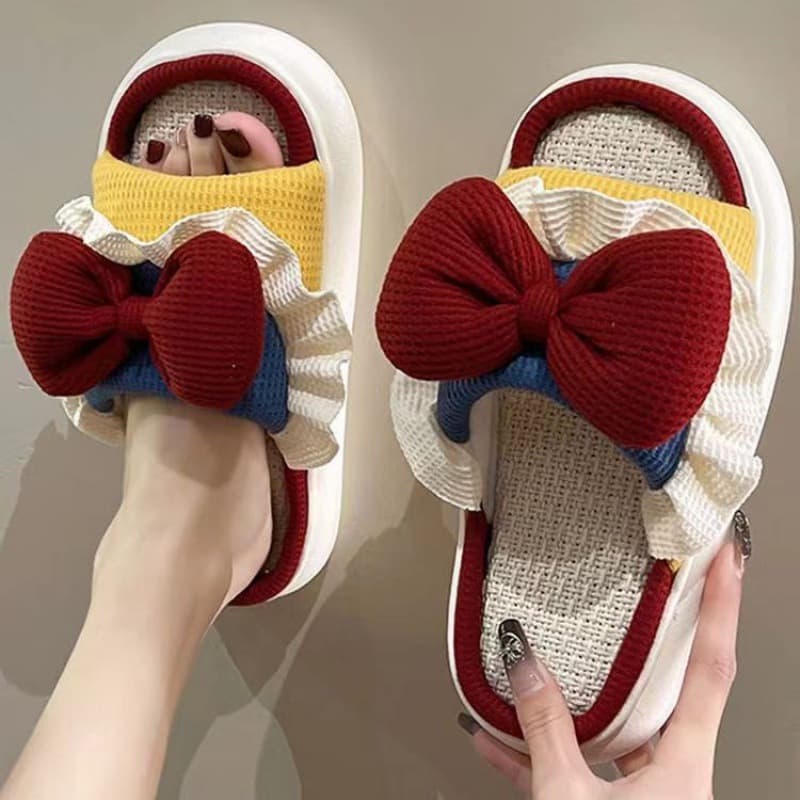Linen Slippers Princess Bow Outdoor Anti-Slip Cross-Border Four-Season Slippers Wholesale Chunky Sole Slippers
