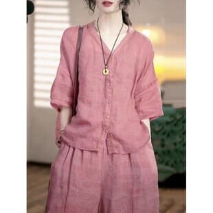 Pink Ramie Set Women Summer New V-Neck Short Sleeve Sun Protection Shirt Casual Wide Leg Pants Linen Two-Piece Set