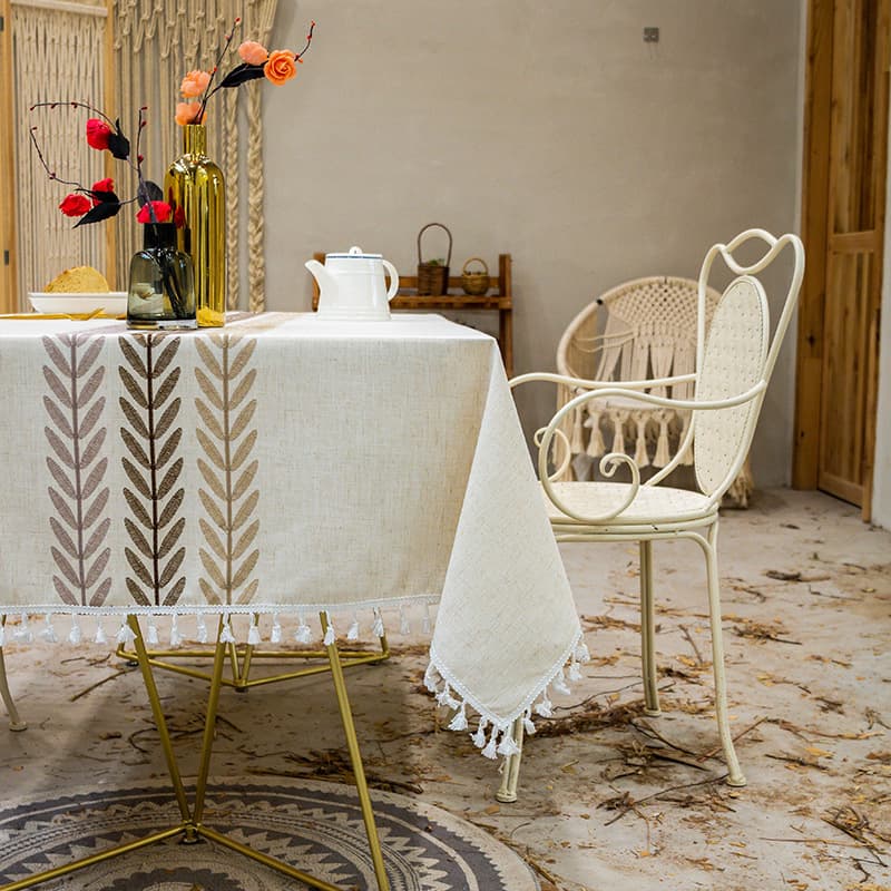 French Style Cotton Linen Tablecloth Embroidered Fringed Rectangular Premium Table Cover Flax Linen Tablecloth