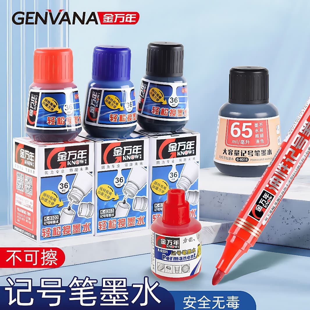 Jinwannian marker oil ink refill, refillable oil-based large capacity chisel-tip pen refill, large bottle G-0315