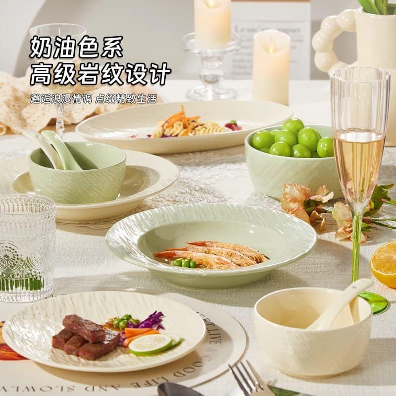Under-glaze Cream Style Beige Household Ceramic Dinnerware Set Including Bowls, Plates, Chopsticks, Soup Bowls, Noodle Bowls, Rice Bowls, and Dishes