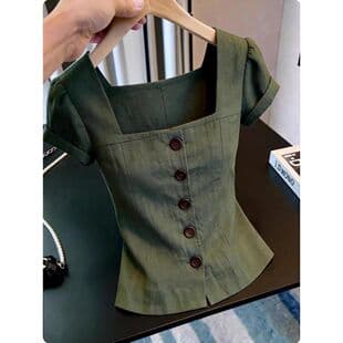 2026 Summer Designer Military Green Square Neck Short Sleeve Top for Women, New Arrival Button Casual Style Top