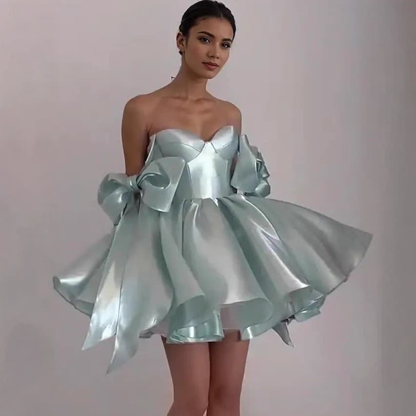 Solid Color Strapless Evening Dress with Bow Design Short Party Dress for Petite Women
