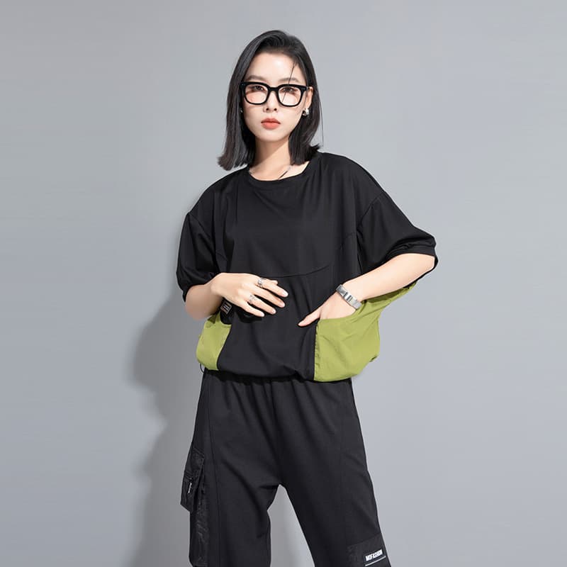 Cool Color Block Large Pouch Loose Ladies T-Shirt Short Sleeve Street Style Casual Fashion Women's Summer Top YIMITAO Brand