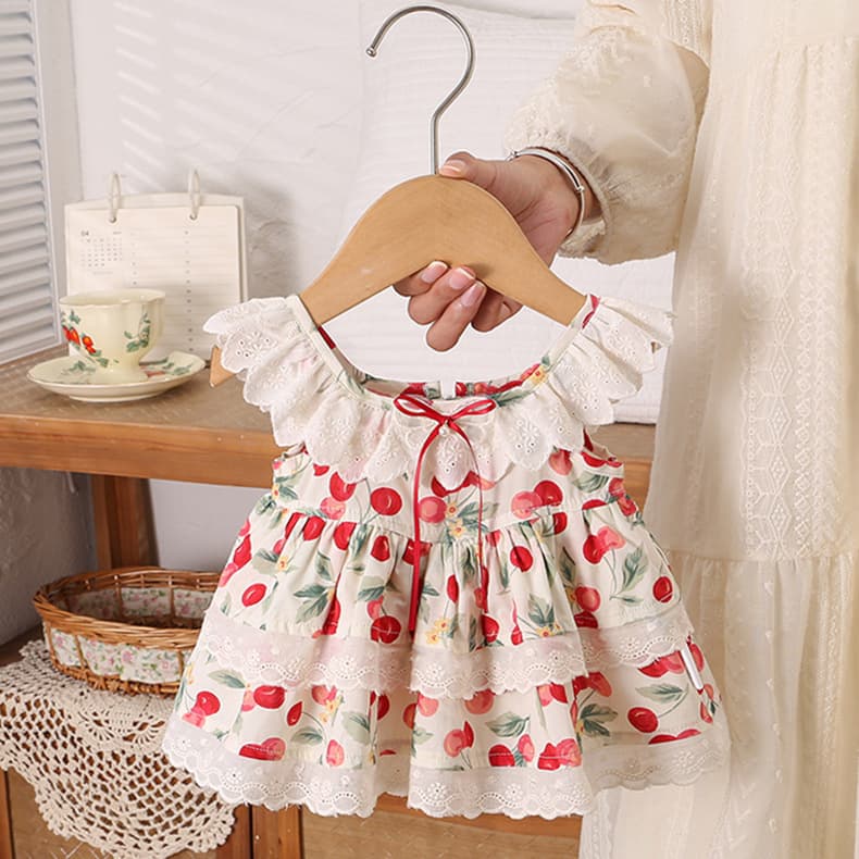 Summer Cherry Floral Baby Girl Dress Infant Flutter Sleeve Princess Dress Newborn Full Month Birthday Baby Dress