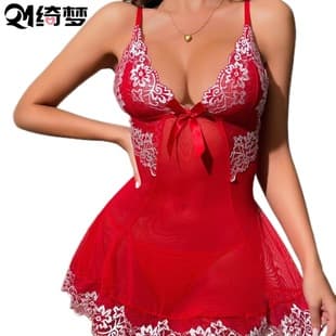 Cross-border Trade Plus Size Mesh Sexy Sleepwear Lace Camisole Nightgown See-through Flirtatious Multi-color Set Factory Women
