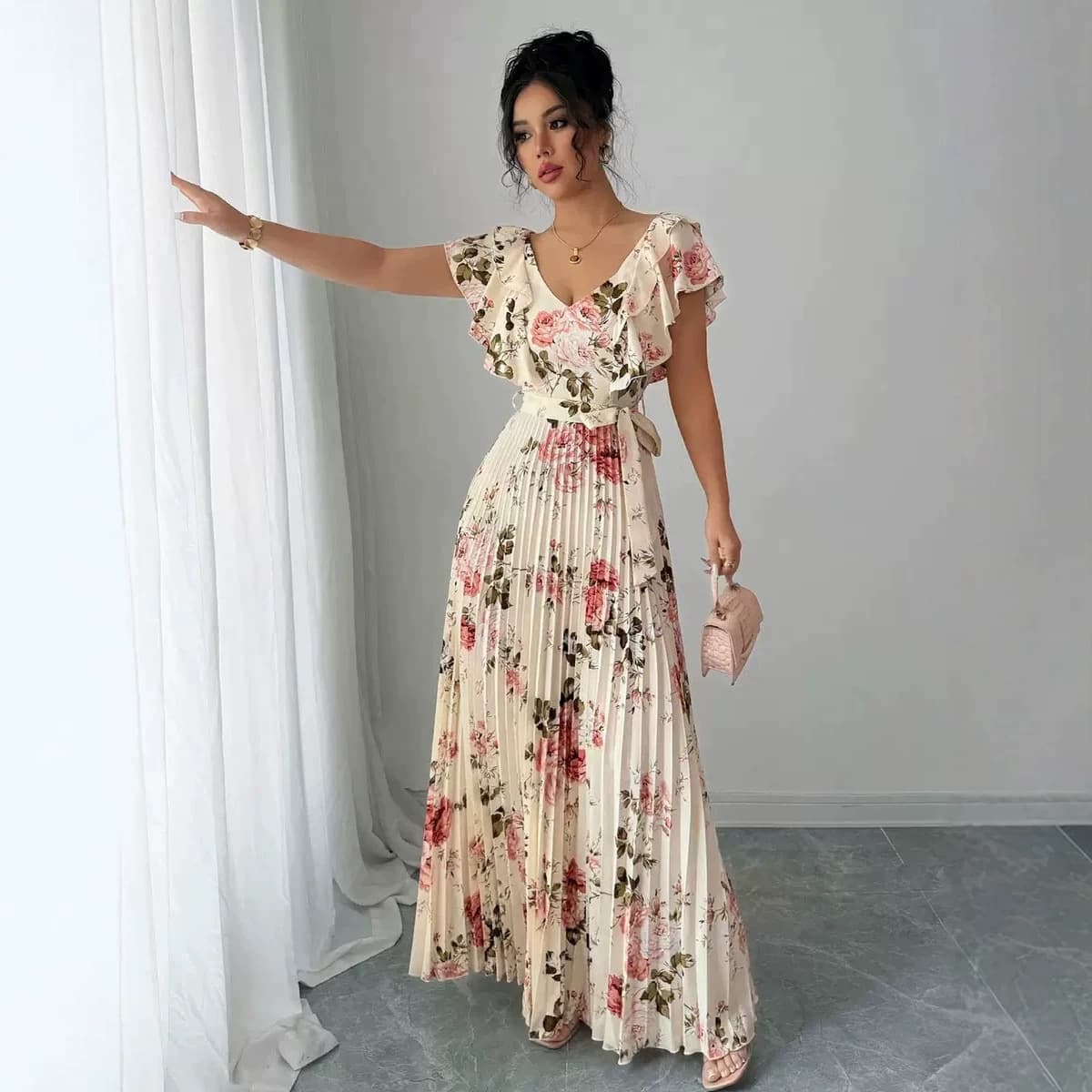 Foreign trade summer flower print lotus leaf sleeves V-neck long skirt temperament pleated elegant romantic dress floral skirt