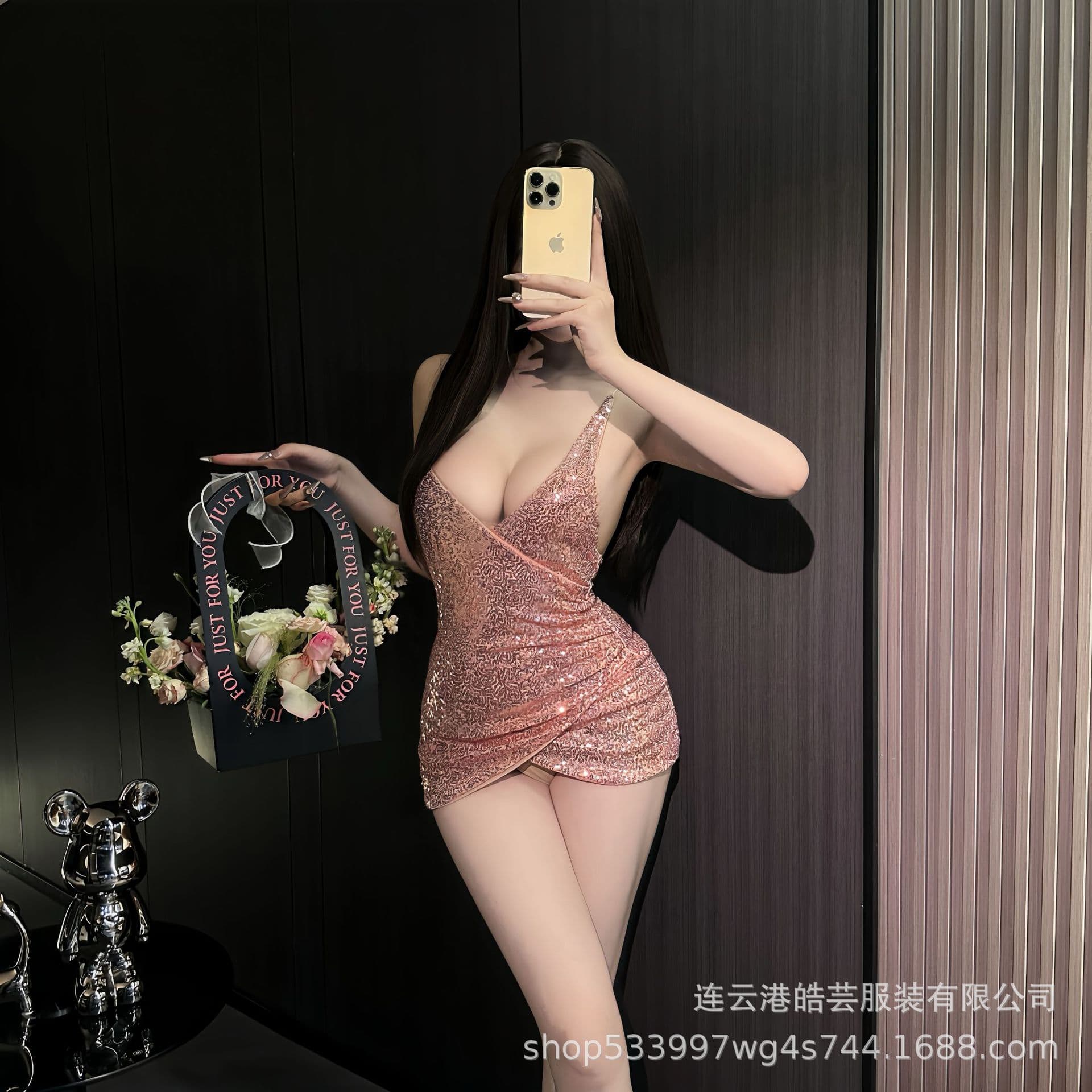 Plus-size sexy lingerie, pure desire push-up for small bust, seductive glitter nightclub mini dress sleepwear