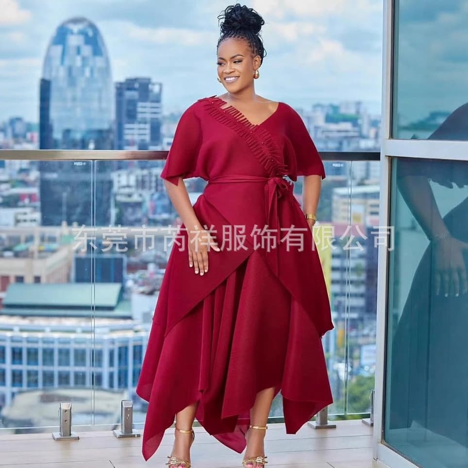 Miyaki African Folded V-neck Pure Color Maxi Dress Christmas Style Elegant Lightweight Long Skirt Polyester Fabric Urban Landscape