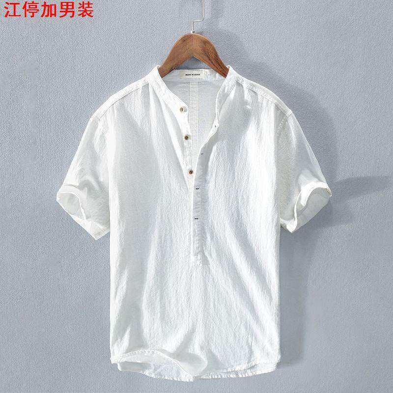 Fresh Stand Collar Pullover Short Sleeve Cotton Linen Shirt Men's Casual Summer Loose Artistic Linen Shirt