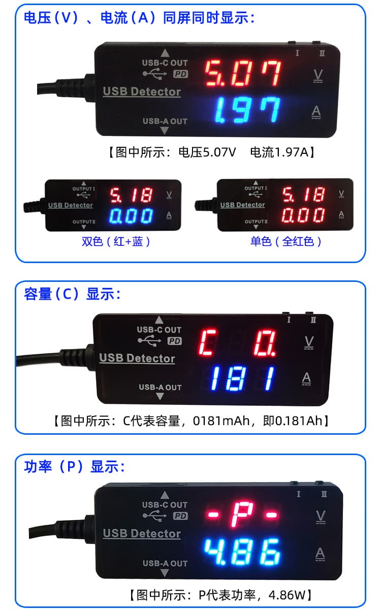 YB26VA Dual Display USB Voltage Current Meter Type-C Battery Capacity Tester PD Phone Charger Detector