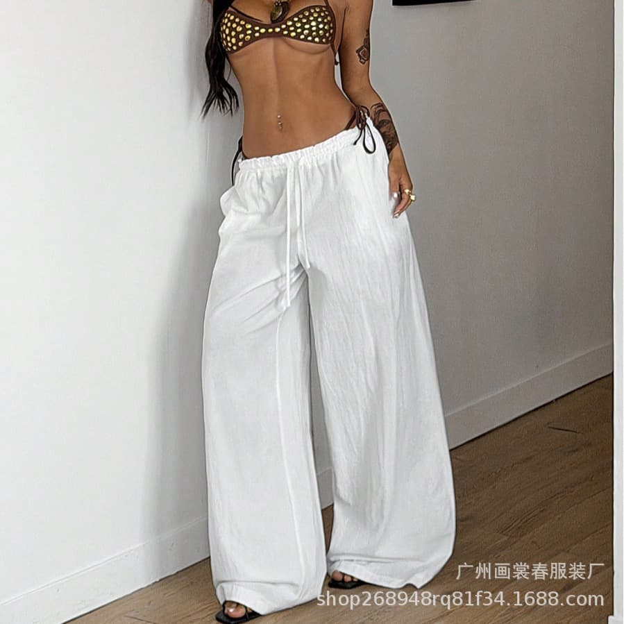 2026 Cross-Border European and American Amazon Lazy Style High-Waisted Casual Versatile Drapey Drawstring Wide-Leg Pants for Women Cloud Cotton