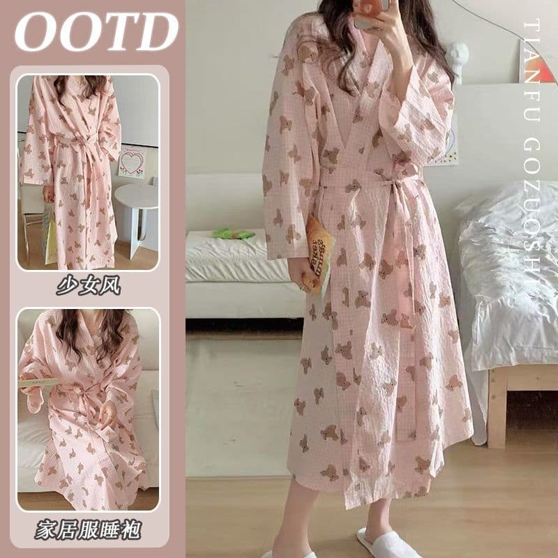 Factory Wholesale Cotton-Like Long Sleeve Pajamas for Women Spring Autumn Winter Japanese Kimono Sleep Robe Bathrobe Mid-Length Sleep Dress Morning Robe