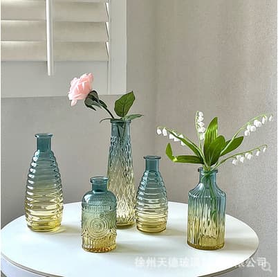 Vintage European-style Embossed Glass Vase Home Decoration Small Mouth Wholesale Fresh Flower Arrangement Hydroponic Glass Bottle Ornament