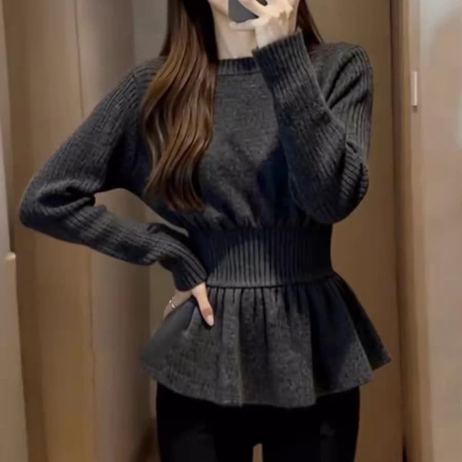 Autumn and Winter Gentle Style Waist-Cinching Round Neck Pullover Knit Sweater for Women 2026 Korean Slim Fit Ruffle Hem Top